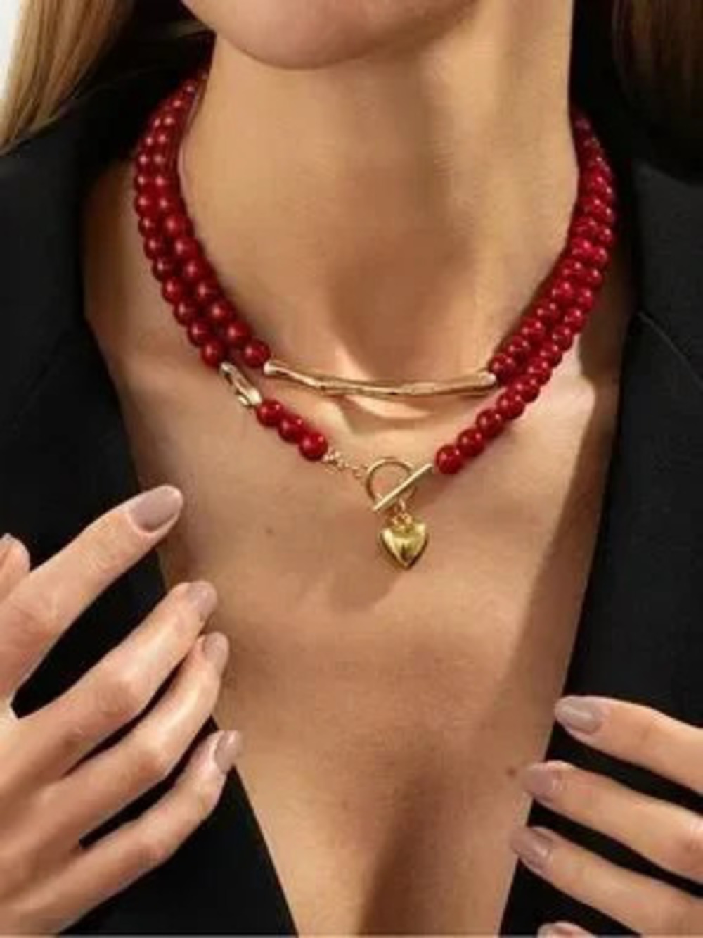 Crimson Beaded Heart Charm Necklace
